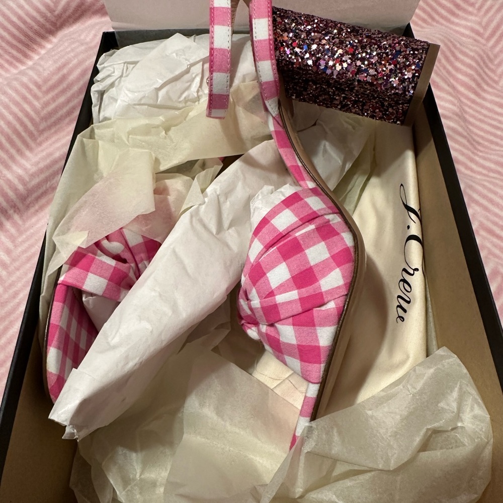 J. Crew Pink Gingham Block Heel Sandals with Glitter Heel
